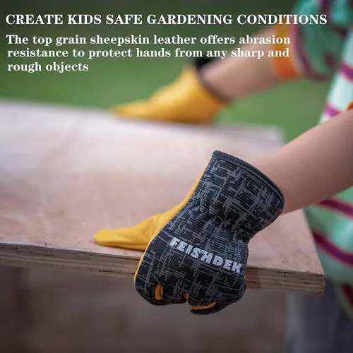 Miniatura 7 de Guantes de trabajo de jardinería de cuero para niños, guantes de seguridad, diseño reflectante transpirable, para niños para jardinería y exteriores