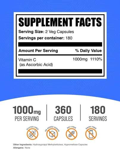 Miniatura 2 de BulkSupplements. com Cápsulas de ácido ascórbico – Ácido ascórbico Vitamina C 1000 mg, Suplemento de vitamina C – Vegano y sin gluten, 2 cápsulas