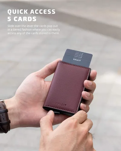 Miniatura 2 de VULKIT Tarjetero de crédito con bloqueo RFID, de cuero, automático, de aluminio, delgado, para tarjetas de visita