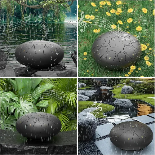 Miniatura 6 de Tambor de lluvia para jardín exterior, 8 pulgadas, 11 notas, tambor de chakra de lengüetas de acero, campanilla de lluvia de meditación impermeable