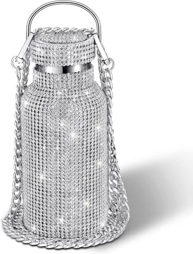 Miniatura 18 de Geiserailie Botella de agua con diamantes de imitación de acero inoxidable, térmica, recargable, aislada, con cadena, para mujeres y niñas