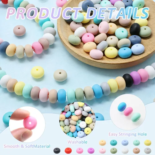 Miniatura 3 de Decoendiy 100 cuentas sueltas de ábaco de silicona de 0.59 pulgadas, cuentas gruesas planas y redondas, cuentas de goma espaciadoras de silicona