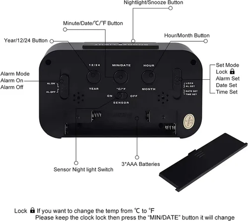 Miniatura 7 de Lesipee Reloj despertador digital, reloj para dormitorio, reloj de escritorio, funciona con pilas, reloj digital con luz nocturna inteligente, Negro
