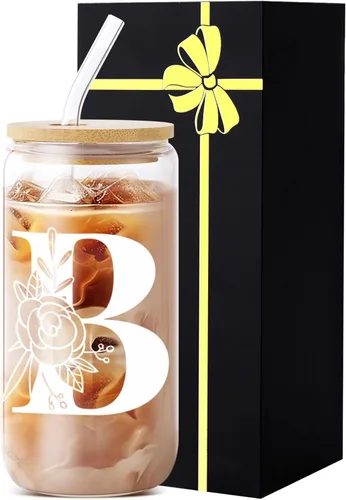 Miniatura 14 de Vaso de vidrio con monograma con tapa, pajita, idea de regalo de moda para amantes del café para mujeres y adolescentes, regalo personalizado
