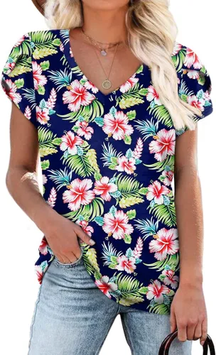 WIHOLL - Camisetas casuales de verano con cuello en V y mangas cortas tipo pétalo para mujer