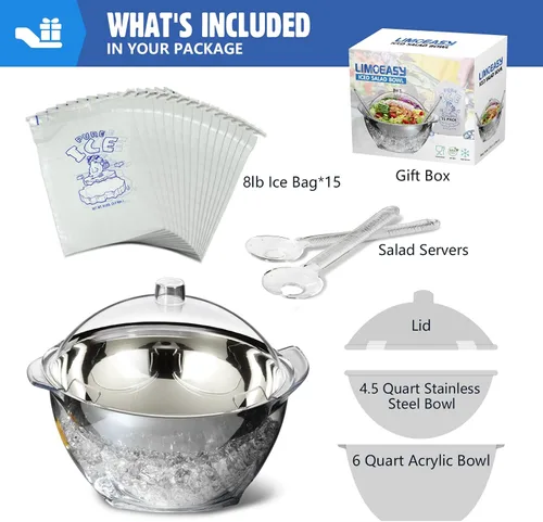 Miniatura 2 de LIMOEASY Tazón para ensalada helada, tazón grande de 4.5 Qt para servir frío con tapa para fiestas, tazones de hielo para mantener frías