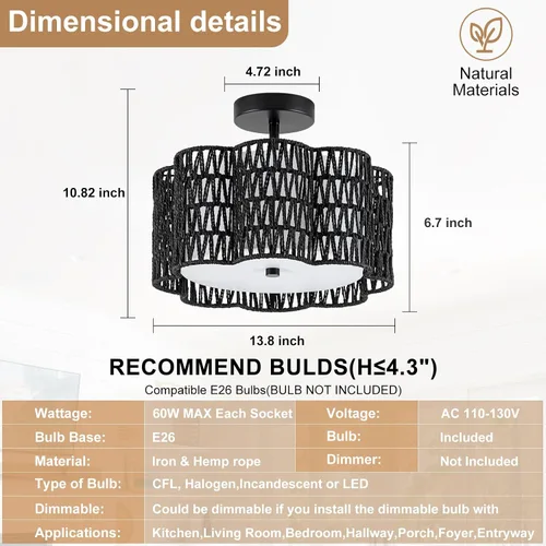 Miniatura 3 de ✿ Lámpara de Techo de Ratán Tejido a Mano de 13.8" con 3 Luces Montaje Empotrado Boho Negro para Dormitorio Pequeño y Guardería, Luz de Techo