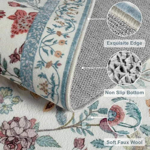 Miniatura 2 de Rugalia Alfombra de pasillo floral azul, alfombra lavable de 2 x 6 pies para pasillos, antideslizante, suave, de pelo bajo, con flores, pájaros, Rosa