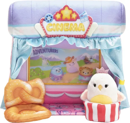 Squishville Mini-Squishmallows Cinema Playset – Incluye una felpa de 2 pulgadas, silla de pretzel, cubo de palomitas de maíz, felpa