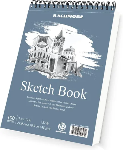 Bachmore - Bloc de bocetos de 9 x 12 pulgadas (57 libras/3.00 oz), 100 hojas de cuaderno de bocetos encuadernado en espiral para artistas