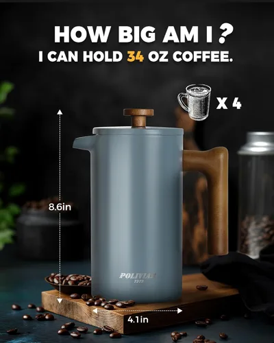 Miniatura 8 de POLIVIAR - Cafetera de prensa francesa, prensa de café de 34 onzas con mango de madera real, aislamiento de doble pared y pantalla de doble filtro