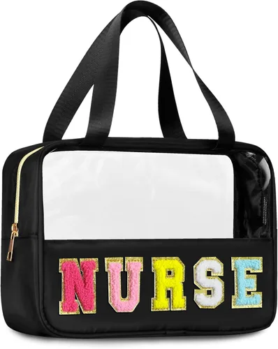 Miniatura 17 de BuyCard Bolsas de Viaje Transparentes con Parche de Letra de Chenilla, Bolsa de Maquillaje Preppy de PVC y Nylon con Asa y Cremallera, Bolsa