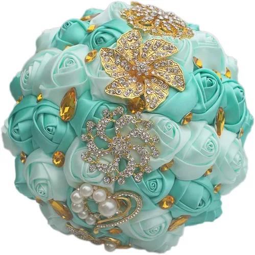 Miniatura 9 de Ramo de novia de 8 pulgadas con rosas de satén de 8 pulgadas con broches de cristal dorado hecho a medida, arreglo de centro de mesa, ramo azul real