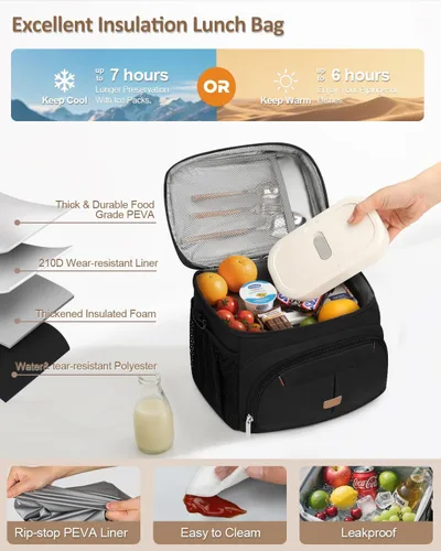 Miniatura 5 de Caja de almuerzo Pritent para hombre y mujer, bolsa de almuerzo aislada, bolsa refrigerante a prueba de fugas, bolsas de almuerzo con asa extraíble
