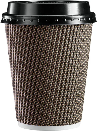 GUSTO 50 juegos de tazas de café caliente de papel ondulado con patrón marrón aislado con tapas, el color de las tapas puede variar, ideal para