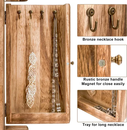Miniatura 4 de Honiway Joyero para mujer con 6 compartimentos y espejo rústico de madera para collares pulseras aretes anillos regalos de cumpleaños