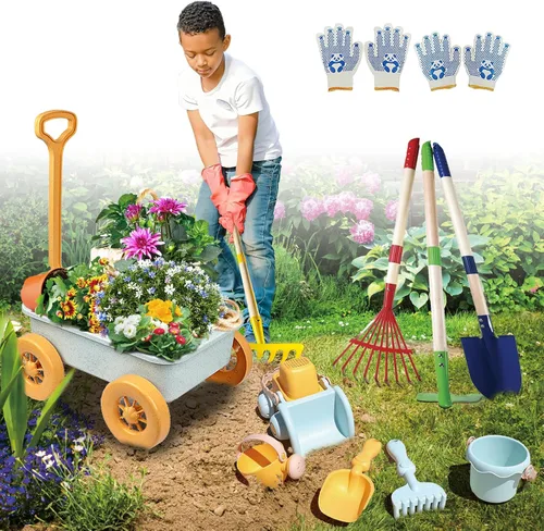 Miniatura 7 de Mostop Herramientas de jardinería para niños, juguetes al aire libre con carretilla, carretilla para niños de 4 a 8 años, juguetes educativos
