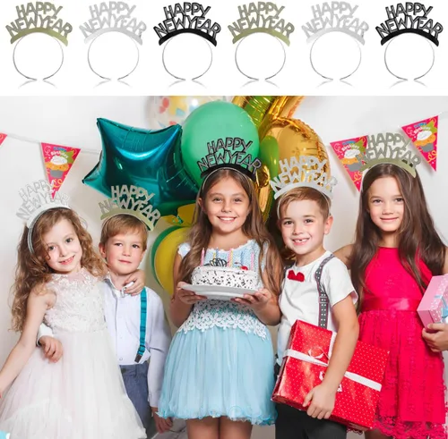 Miniatura 6 de Amosfun Happy New Year Tiara - Diadema para fiesta de Año Nuevo, color dorado, plateado y negro, 12 piezas