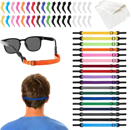 18 correas para lentes para niños, 18 ganchos grandes para gafas y 2 paños de vidrio, diseño elástico ajustable, cómodo y antideslizante, adecuado