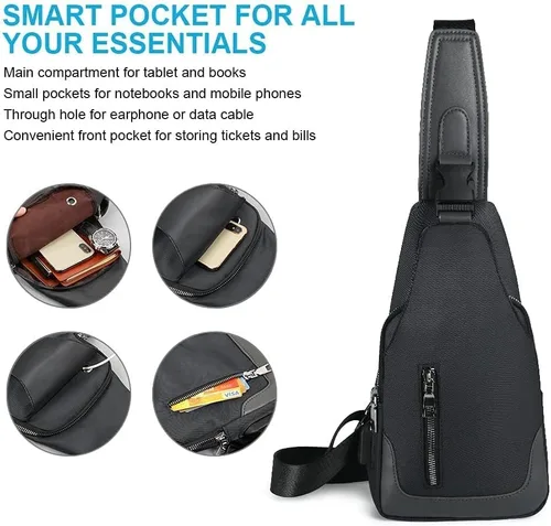 Miniatura 6 de Aucuu Mochila bandolera con puerto de carga USB, bolsa de pecho cruzada para hombres, senderismo, ciclismo, viajes, color negro, Negro -, Mochila