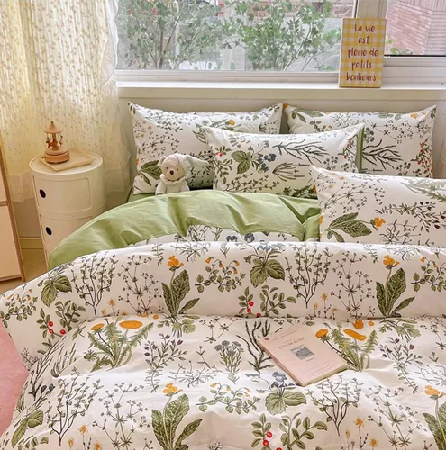Miniatura 4 de KAREVER Juego de edredón botánico tamaño matrimonial, color blanco y verde salvia, juego de ropa de cama floral con patrón de jardín impreso
