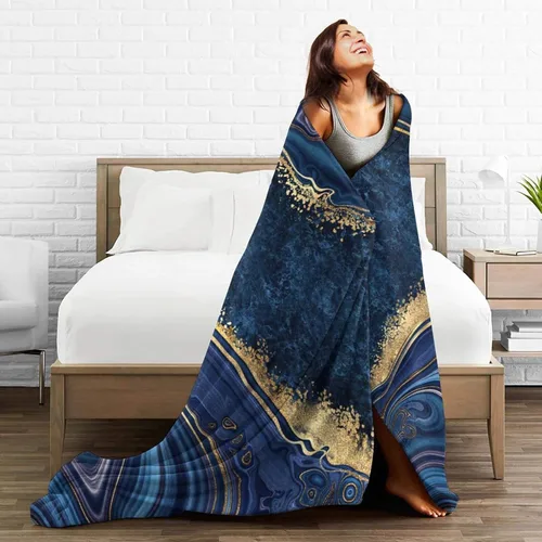Miniatura 6 de Perinsto Manta de mármol pintado azul ultra suave y cálida para todas las estaciones, manta decorativa de forro polar para cama, silla, automóvil