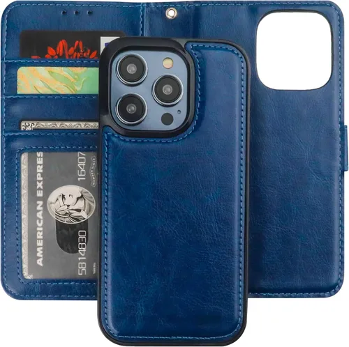Miniatura 15 de Bocasal Funda tipo cartera desmontable para iPhone 14 Pro con bloqueo RFID, ranuras para tarjetas, soporte magnético de piel sintética de alta Negro