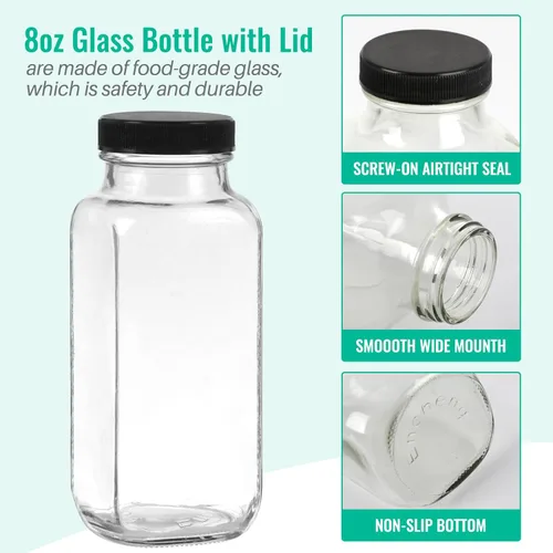 Miniatura 3 de Botellas de jugo de vidrio de 8 onzas con tapas, paquete de 6, botellas de vidrio reutilizables, tarros de agua de 8.5 fl oz para leche, jugos