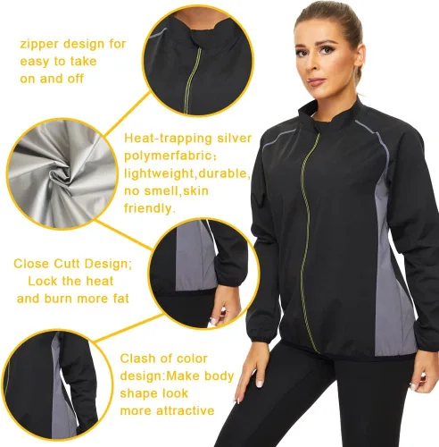 Miniatura 4 de NINGMI Traje de sauna para mujer, chaquetas de sudor, camisa de entrenamiento, manga larga, adelgazante, con cremallera, moldeador de cuerpo