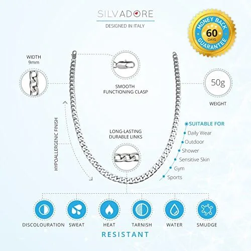 Miniatura 4 de Silvadore 9mm Curb Chain For Men - Mens Necklace Flat Cuban Stainless Steel Jewelry - Neck Link Man Boys Male Heavy Military - 18 20 22 24 inch