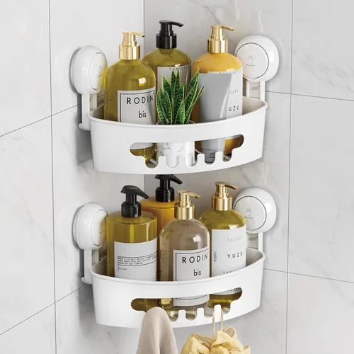 Miniatura 10 de LEVERLOC Organizador esquinero para ducha con ventosa, cesta de ducha potente con ventosa, organizador impermeable y resistente al óxido
