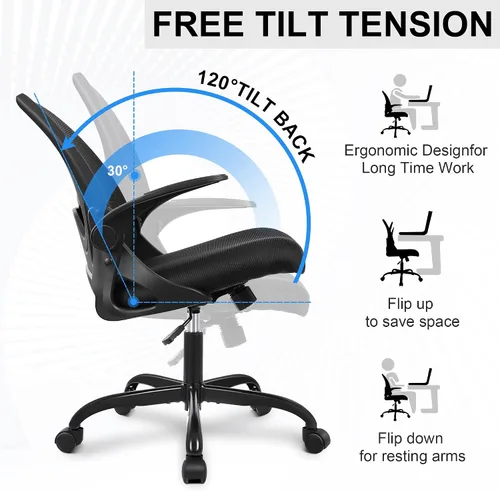 Miniatura 6 de Primy Silla de Oficina Ergonómica Silla de Escritorio con Reposabrazos Abatibles Silla de Escritorio Giratoria de Malla Transpirable para Negro