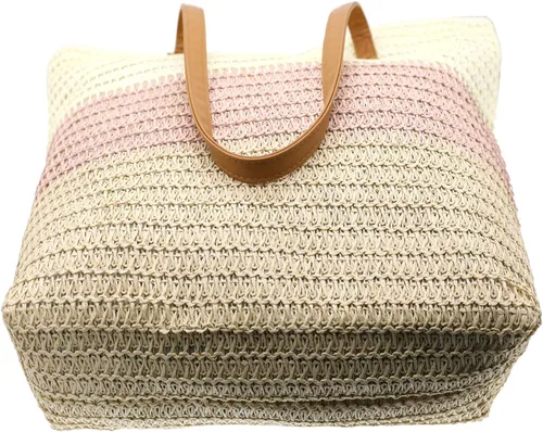 Miniatura 6 de Bolso grande de paja para mujer, tejido de ratán, bolso de playa de verano, a rayas