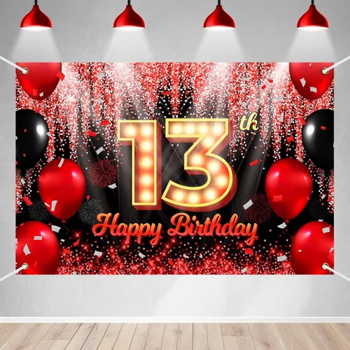 Miniatura 10 de Telón de Fondo Banner de Feliz 10º Cumpleaños Tema Negro y Rojo con Fondo de Neón Brillante y Moda para Fiesta de Cumpleaños Fotografía Accesorio