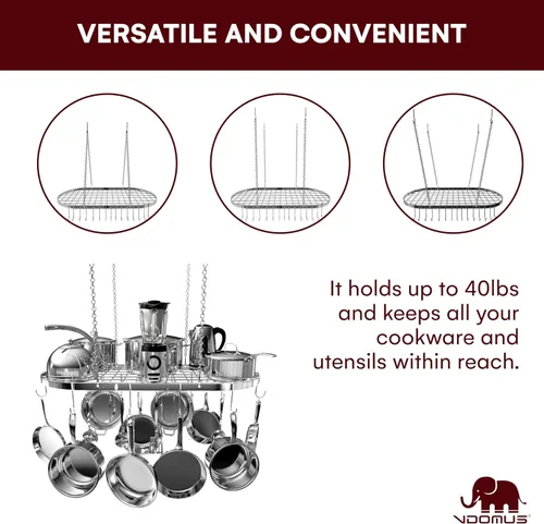 Miniatura 3 de Vdomus Estante Colgante para Ollas - Organizador de Cocina de Montaje en Techo para Ollas y Sartenes con 15 Ganchos - 33 x 17 Pulgadas Resistente