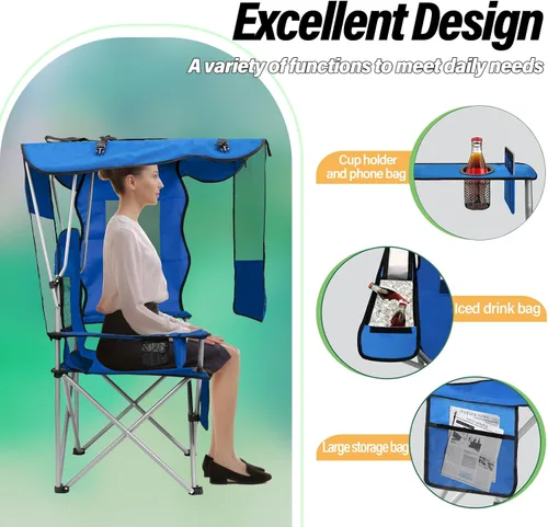 Miniatura 5 de BDL Silla de camping con toldo y sillas de playa plegables portátiles con refrigerador, respaldo de malla, portavasos y bolsillo para campamento