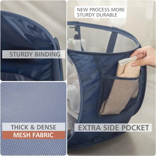 Miniatura 5 de HONOMA Cesta de malla resistente para lavandería, cesta desplegable con bolsillo lateral para cuarto de servicio, baño, habitación de los niños, Gris