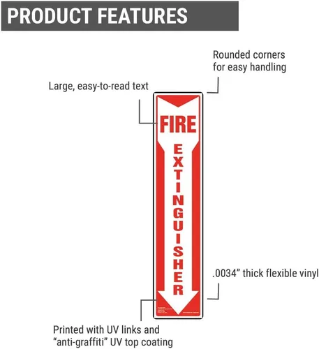 Miniatura 3 de Letrero de extintor de incendios con flecha vertical roja y blanca hacia abajo, vinilo autoadhesivo permanente de 4 x 18 pulgadas con esquinas