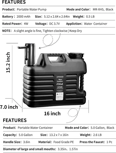 Miniatura 2 de Jarra de agua portátil de 5 galones con bomba de control táctil automático, contenedor de agua verdaderamente sin fugas con grifo, equipo de bomba