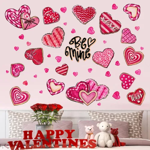 Yovkky Calcomanías de pared de corazón para el día de San Valentín, diseño de corazones rosados y rojos, diseño de lunares, decoración de