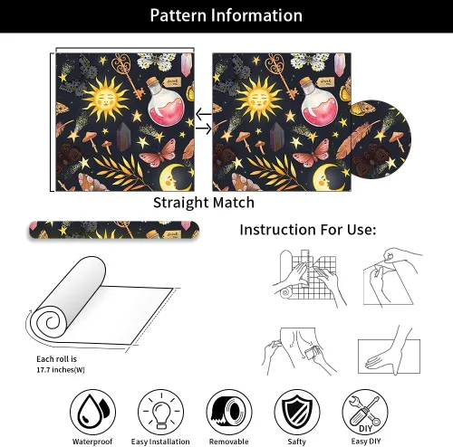 Miniatura 7 de Papel Tapiz Negro Azul Marino Fantástico Sueño Mágico Sol Luna Mariposa Hongos Estrellas de Cristal para Despegar y Pegar Papel de Contacto Adhesivo
