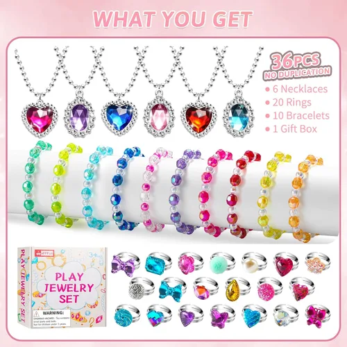 Miniatura 3 de Juego de 36 piezas de joyería de princesa para niñas de 4 a 6 años, disfraz de niños, joyería, collar, pulsera, anillos para niños pequeños, regalos