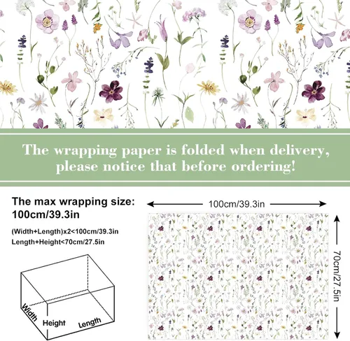 Miniatura 2 de JarThenaAMCS 6 hojas de papel de regalo de flores silvestres, no enrolladas, papel de regalo de flores florales de acuarela, papel de arte grande
