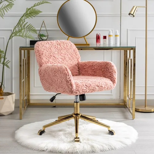 Miniatura 9 de HomVent Silla de escritorio esponjosa de piel sintética rosa, silla giratoria ajustable para computadora con ruedas, altura ajustable, bonita silla
