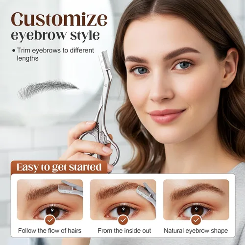 Miniatura 2 de Tijera recortadora de cejas con peine, tijeras de cejas para mujeres, cortador de cejas de precisión de acero inoxidable, herramienta de maquillaje