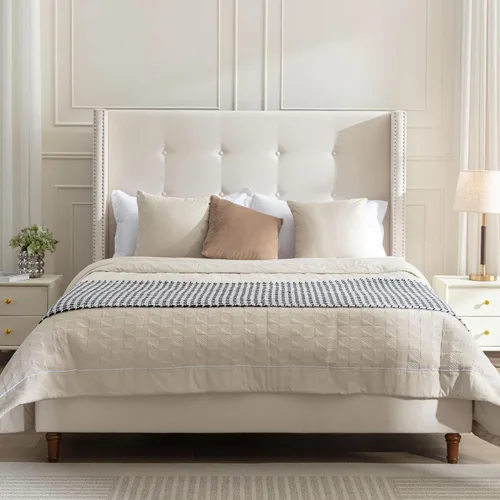 Miniatura 19 de Base de cama tapizada tamaño Queen, cabecera acolchada de 54" con respaldo geométrico, plataforma tapizada para dormitorio de niños, adolescentes
