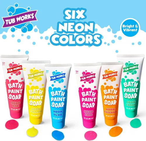 Miniatura 2 de Tub Works® Jabón de Pintura de Bañera, Juego de Juguetes de Baño de 6 Piezas Neón No Tóxico Pintura de Bañera Lavable para Pintar con los Dedos