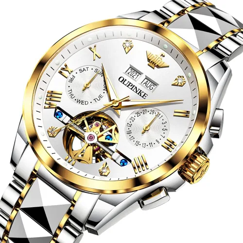 Miniatura 9 de OLEVS Relojes mecánicos automáticos de esqueleto para hombre, 5ATM, impermeable, tungsteno, acero inoxidable, cuerda automática, relojes de pulsera