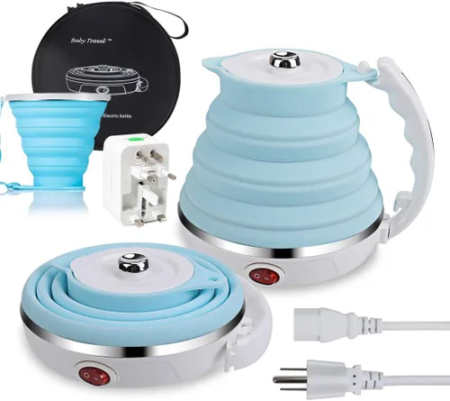 ShineMe - Hervidor de agua eléctrico portátil ultrafino de silicona de grado alimenticio de doble voltaje de 110-220 V con taza, adaptador universal