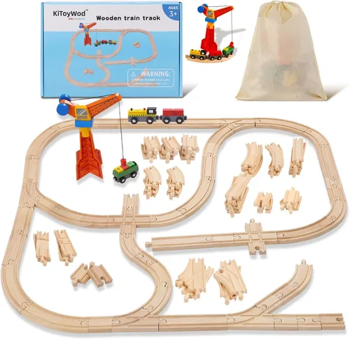 Miniatura 7 de Juego de 62 vías de tren de madera, accesorios de sistemas ferroviarios de madera, paquete de expansión con tren + grúa, para niños de 3 a 10 años